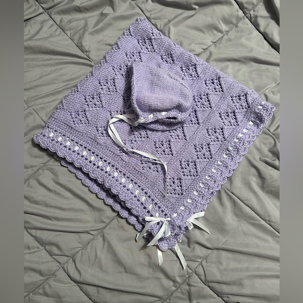 Handmade Lavender Baby Blanket and Bonnet Set